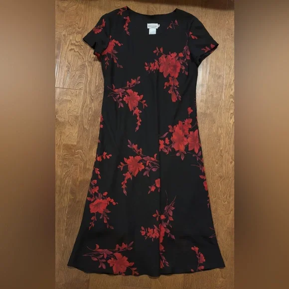 Vintage Black Red Floral Chiffon Overlay Midi Dress Petite 14P - Picture 5 of 6